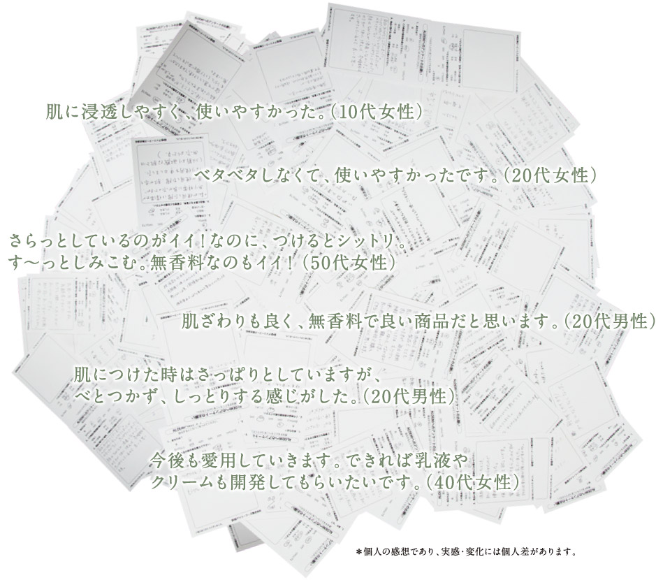 肌に浸透しやすく、使いやすかった。（10代女性）　ベタベタしなくて、使いやすかったです。（20代女性）